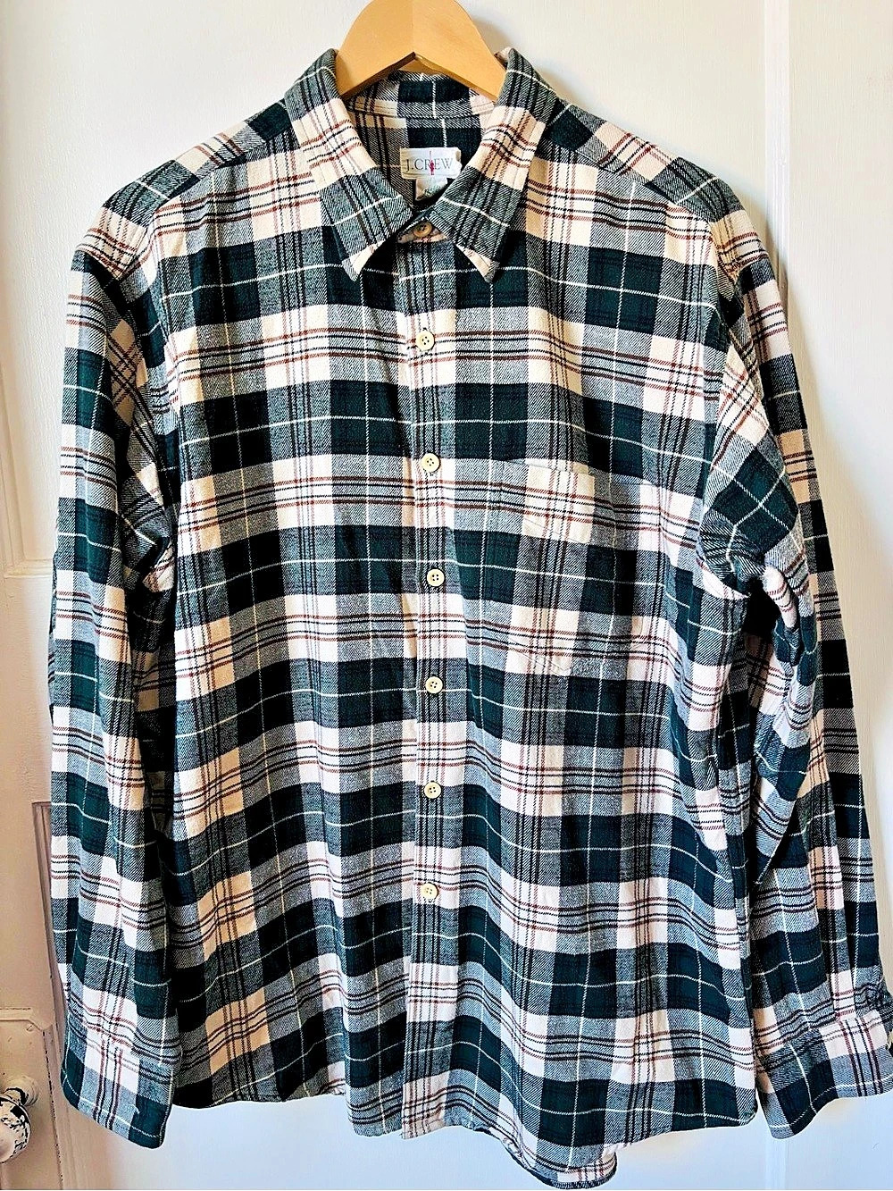 J.Crew Oarsman Plaid Cotton Button Down in Green & White Flannel